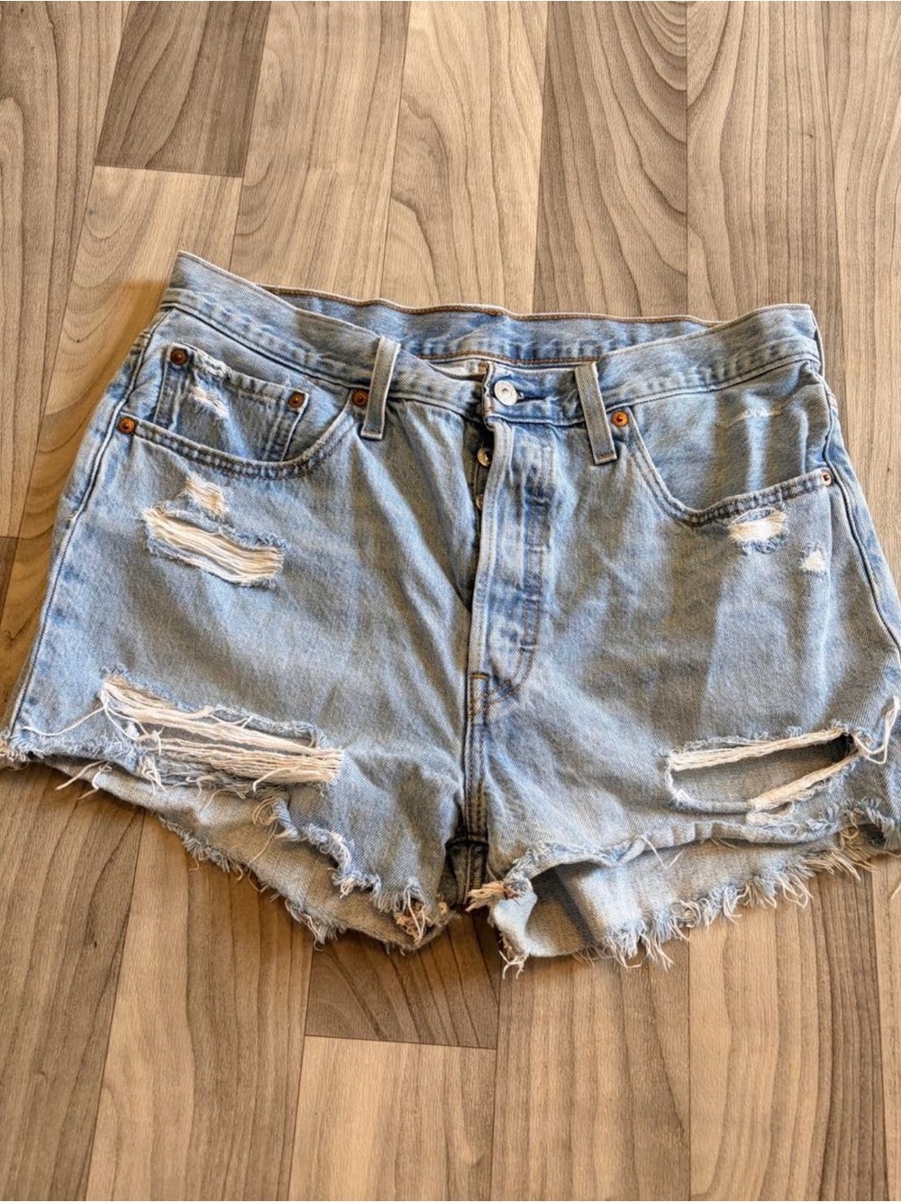 Levi's Light Blue Distressed High-Rise Denim Shorts